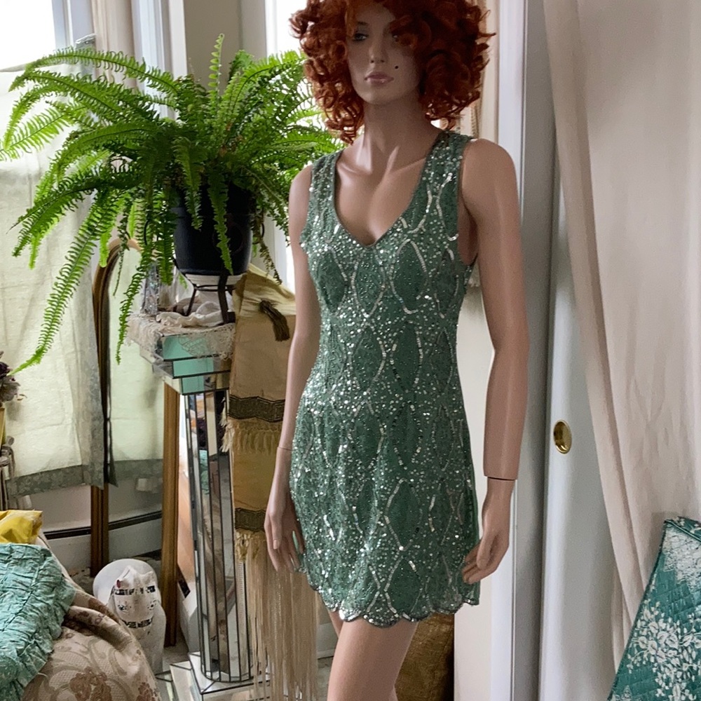 TFNC Green Beaded V-Neck Mini Dress